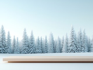 Wall Mural - Light Wooden Platform Against Snowy Winter Forest Background