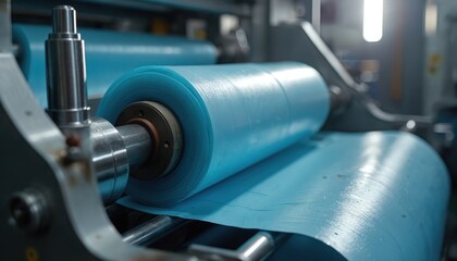 Poster - Automatic polyethylene plastic bag production machine. Industrial equipment rolls blue plastic film. Automated process in manufacturing. Packaging industry. Modern technology, bulk material handling.