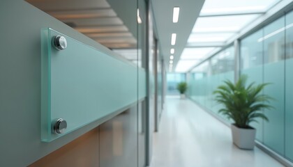 Aufkleber - Glass nameplate design mockup near office entrance. Signage panel door number template. Clear printing sign board for branding near store. Modern office interior with long hallway. Focus on sign