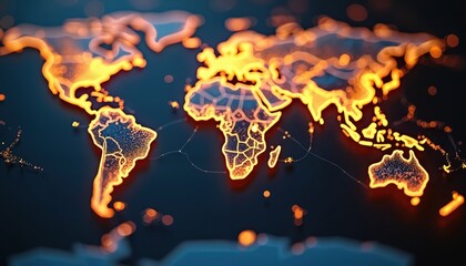 Fototapete - Global map with interconnected lines. Digital glowing world map with continents, connected dots, representing global business, technology. Concept of globalization, connectivity, networks. Modern