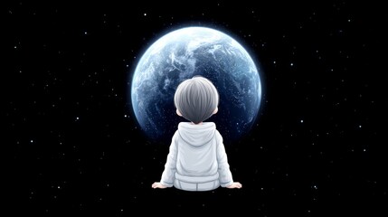 Wall Mural - child gazing at earth from space - a young child, wearing a white hoodie, sits in space, gazing in w