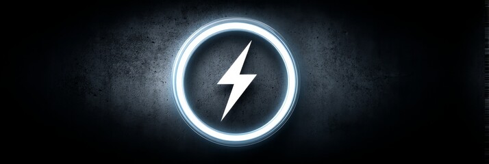 Poster - Circle Bolt Energy Icon - Abstract illustration of a white lightning bolt inside a glowing circle, symbolizing power, speed, energy, electricity, and innovation