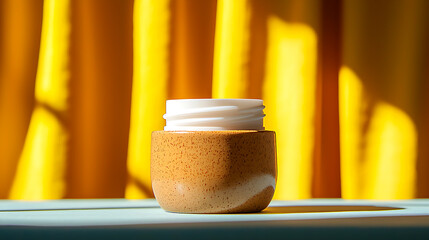 Poster - Cream Jar on Table Against Yellow Curtain