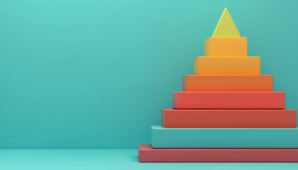 Fototapete - Colorful pyramid chart, turquoise background. Business hierarchy concept, growth, organization. Corporate structure levels, success, management. Gradation of business process, levels, setup.