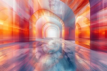 Poster - colorful, archway-lined interior space with vibrant reflections.