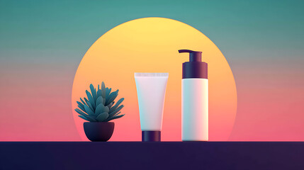 Poster - Cream Tube and Cleanser Bottle on Dark Surface with Sunset Background