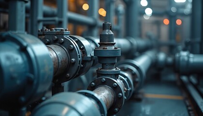Aufkleber - Close-up shot pipeline valves hydraulic system pipes. Focus gas transportation, leak detection in industrial setting. Engineering tech, construction, manufacturing processes. Energy industry,