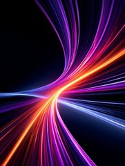 Poster - Dynamic Light Trails Abstract - Abstract of vibrant, dynamic light trails in shades of purple, orange, and blue against a black background. Perfect for technology, speed, and energy concepts