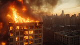 City building engulfed in flames. Dramatic scene of a structure on fire, smoke rising against the cityscape during a fiery emergency.