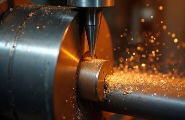 Aufkleber - Machine cuts bronze bushing on lathe. Chips from metalworking process fly. CNC milling, metal lathe equipment, detail view of industrial manufacturing. Pro metalworking, machining technology. Metal