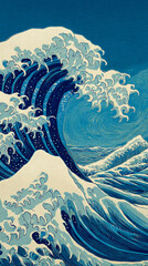 Poster - Stylized artwork depicting a large ocean wave in shades of blue and white, reminiscent of classic Japanese woodblock prints, conveying power, nature's force, and serenity