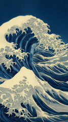 Aufkleber - stylized image of a large wave, blue and beige tones, detailed texture, reminiscent of woodblock pri
