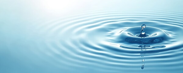 Leinwandbilder - Water drop impact creates concentric circles on blue water surface. Pure liquid, transparent, clear, fresh concept. Ideal for skincare, spa, cosmetic product advertisement, promoting hydration.