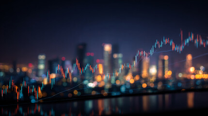 Poster - Stock market chart over city skyline at night for finance and investment analysis background concept