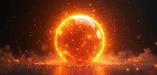 Poster - Abstract illustration of energy sphere with magical glowing particles. Orange light sphere with fire, heat, plasma, fantasy effects on dark background. Perfect for tech, science, astronomy, cosmic,