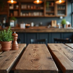 Aufkleber - Empty wooden desk with blurred cafe restaurant background. Textured wood table. Interior design concept. Space product display advertising. Cafe shop eatery dining, coffee place.