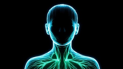 Poster - Human Anatomy Network - Glowing teal and green network of the human head and neck area against a black background. Medical, science, or technology concept
