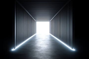 Poster - Illuminated Container Corridor - Bright light at the end of a dark corridor inside a shipping container. Abstract, futuristic, hope