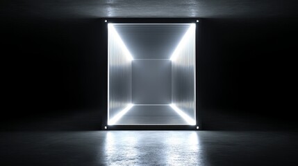 Poster - Illuminated Void Container - A glowing cube symbolizes mystery, potential, transition, technology, and the unknown. Light beams emanate from within