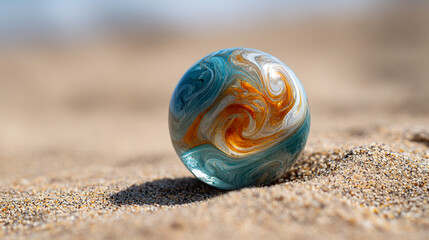 Poster - Decorative glass marble on sand close up photography beach art abstract design summer aesthetic wallpaper