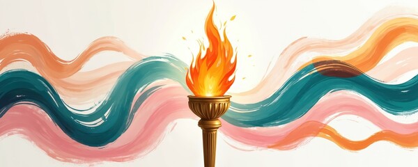 Fototapete - Illustration torch with flame on colorful abstract lines background. Olympic Games in France, symbol victory, sport. Banner poster with copy space. Digital art, modern design for prints, posters,