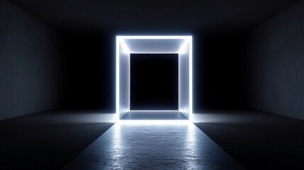 Poster - Luminous Cube Portal - Glowing cube in a dark room, creating a futuristic and mysterious atmosphere. Ideal for technology, science fiction, or abstract concepts