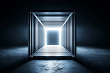 Poster - Luminous Cargo Container - A vacant shipping container interior glows with ethereal light, symbolizing potential, mystery, hope, transformation, and new beginnings