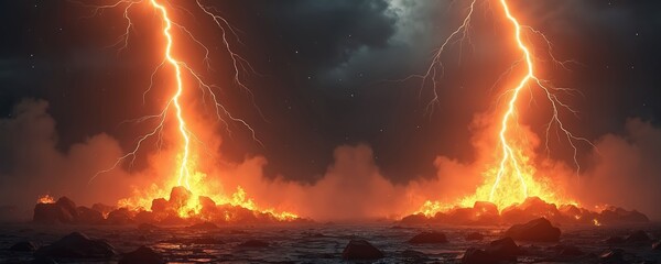 Poster - Illustration of two lightning bolts striking ground causing fire on foggy dark background. Powerful natural electric disaster. Power, energy, storm, danger. Stunning graphic visualization.