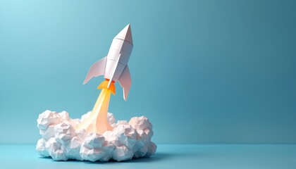 Aufkleber - Paper art rocket launching on blue background. Creative design symbolizes innovation exploration business start. Successful project launch, space travel, future tech concept, idea development.