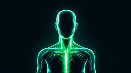 Poster - Neon Anatomy Sketch: Human Form - Futuristic medical illustration, human, glowing nerves, vibrant teal, technological anatomy. Symbolizes: health, technology, life, energy, science