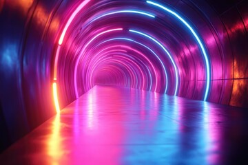 Poster - Vibrant neon tunnel with reflective floor.