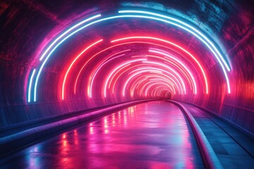 Poster - neon tunnel with vibrant glowing lines.