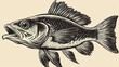 © Sifa - Detailed monochrome illustration of a fish, showcasing its scales, fins, and open mouth.  The style is reminiscent of vintage woodcuts