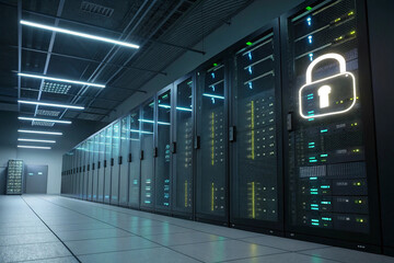 Poster - Secure Server Room Data Center with Illuminated Padlock Symbol