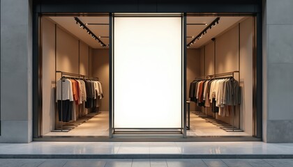 Poster - Clothing store entrance with blank billboard. Showcase fashion promotions retail branding concepts. Empty billboard for advertising, modern urban apparel retail design.