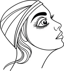 Poster - Elegant Woman Profile With Bandana Line Art Style Illustration Template