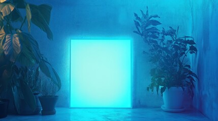 Poster - The wedding invitation features a blank white card illuminated by neon lights. background wallpaper AI generated image
