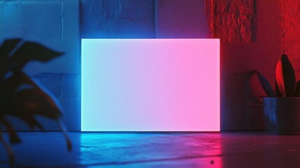 Poster - The wedding invitation features a blank white card illuminated by neon lights. background wallpaper AI generated image