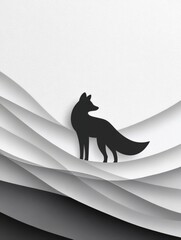Poster - Serene Fox Silhouette - A black silhouette of a fox stands on gently curving gray and white layered paper, creating a minimalist and elegant design