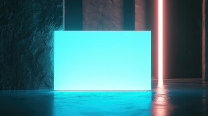 Poster - The wedding invitation features a blank white card illuminated by neon lights. background wallpaper AI generated image