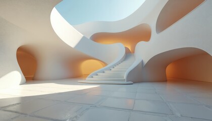 Poster - Modern futuristic architecture design 3d render with curved walls, stairs, daylight, empty space. Minimalist interior background for creative design, real estate, construction, building.