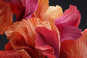 Fototapete - Abstract image of textured, swirling petals in red and orange hues, showcasing a dynamic, flowing composition suggestive of elegance and artistry