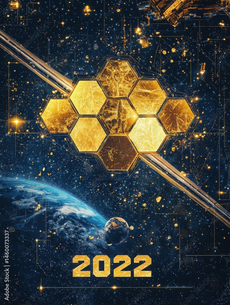 A mesmerizing space artwork showcases connected gold hexagonal shapes against a deep blue celestial background. Earth is visible below, surrounded by scattered stars, suggesting exploration.