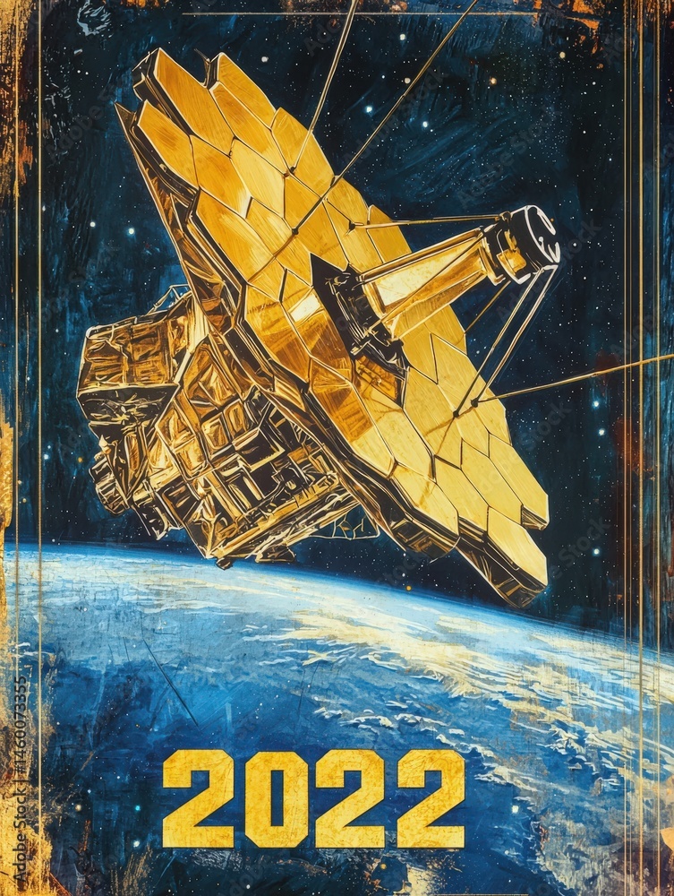 A striking illustration features a golden space telescope against the backdrop of Earth. This artistic representation celebrates advancements in space exploration and technology from 2022.