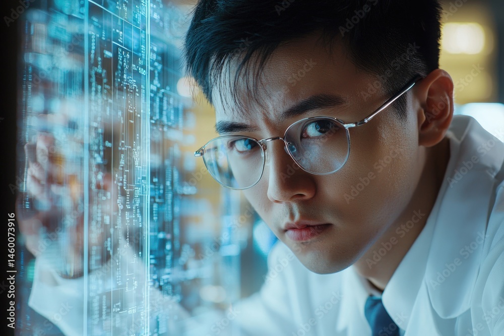 A young scientist studies complex data displayed on a digital interface in a high-tech research lab.