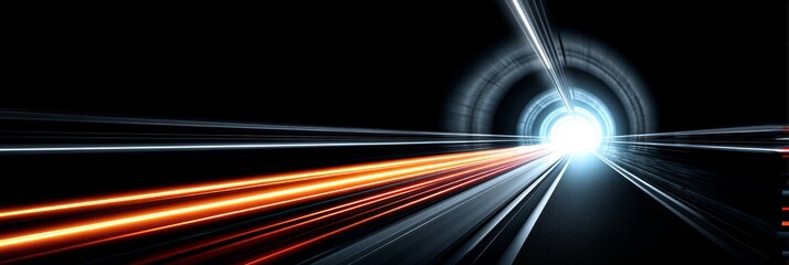 Poster - Speed Tunnel Light Trails Abstract Design - Abstract symbolizing speed, technology, future, journey, and progress. Light streaks through a tunnel towards a bright light