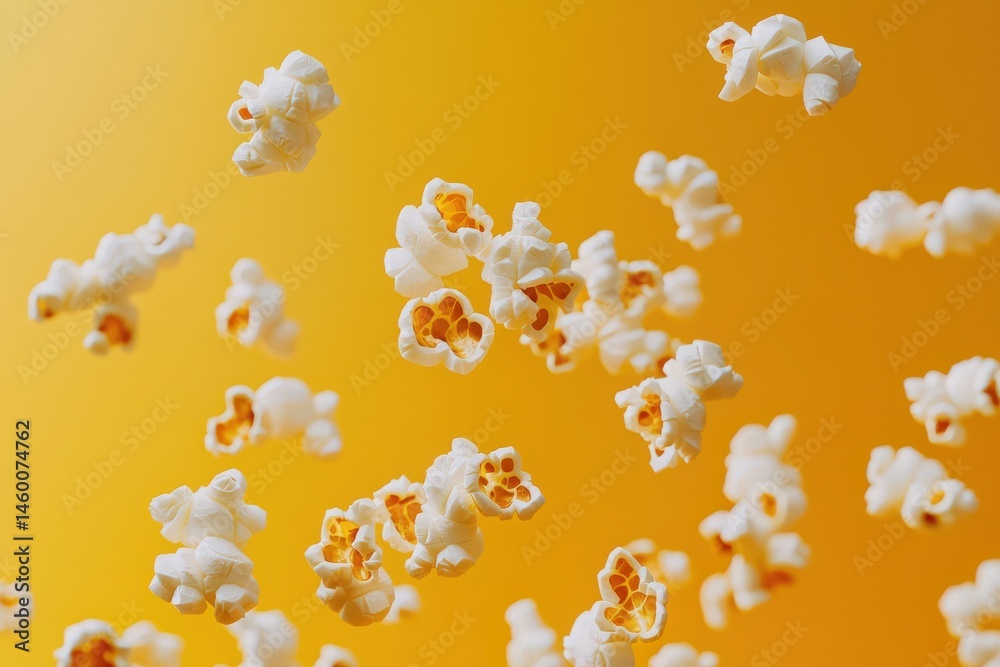 A vibrant display of popcorn pieces suspended mid-air against a bright yellow backdrop. The inventive arrangement adds a playful and fun atmosphere, enhancing any celebration.