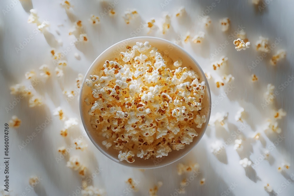A bowl filled with fluffy popcorn sits on a light-colored surface, surrounded by scattered popcorn kernels.