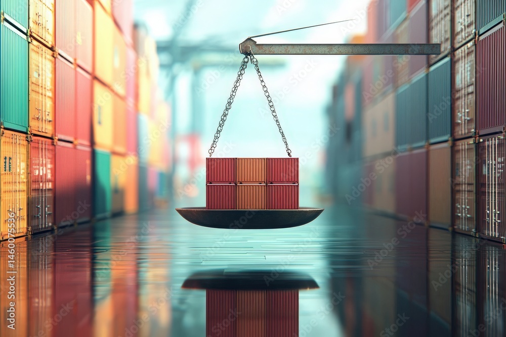 A crane suspends multiple shipping containers in an active port area. Colorful containers are stacked along the sides, with reflections visible on the wet surface below, indicating recent rain.