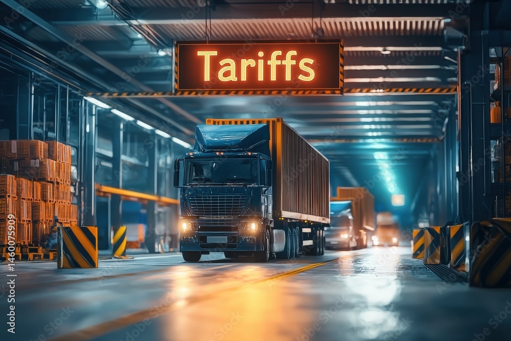 In a busy warehouse, cargo trucks maneuver past stacked containers and a prominent tariffs sign illuminated above. The atmosphere is industrious, highlighting trade activities.